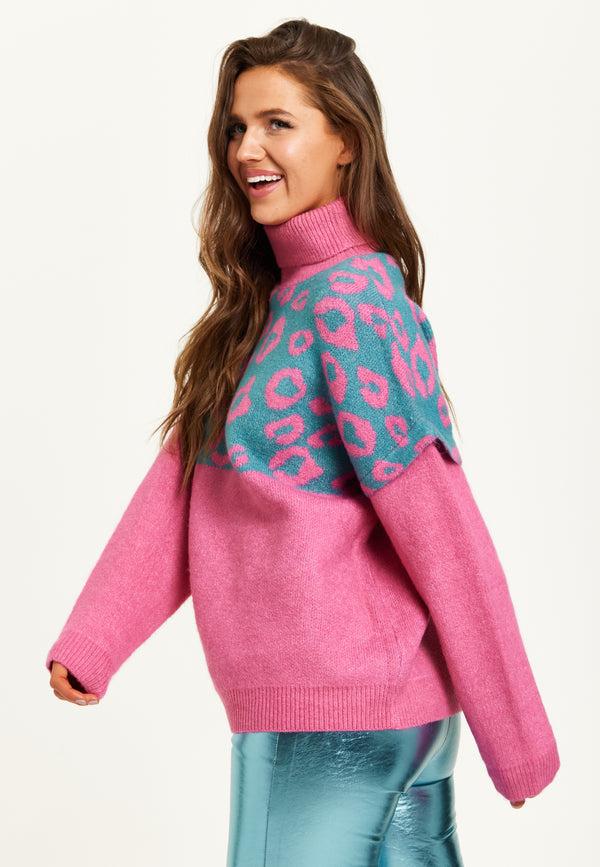 Liquorish Women's Jumper In Pink And Turquoise With Extended Shoulder Sleeves - Liquorish Animal Pattern Roll Neck Design