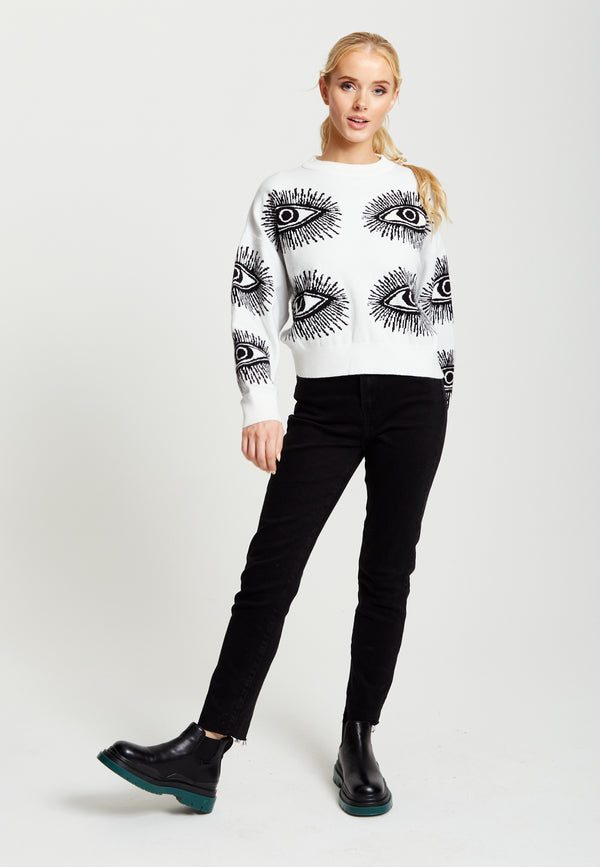 Liquorish Women's Jumper In White With Long Sleeves And Distinctive Eye Pattern By Liquorish