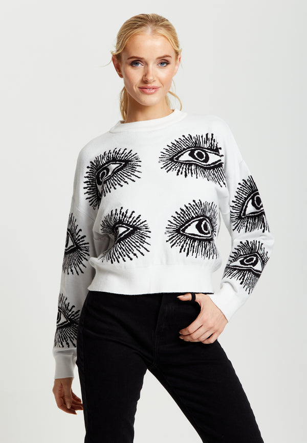 Liquorish Women's Jumper in White with Long Sleeves and Distinctive Eye Pattern by Liquorish