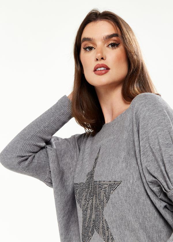 Liquorish Women's Jumper Light Grey With Sparkly Zebra Star Fitted Sleeves Boat Neck Design Loose Fit Stud Detail
