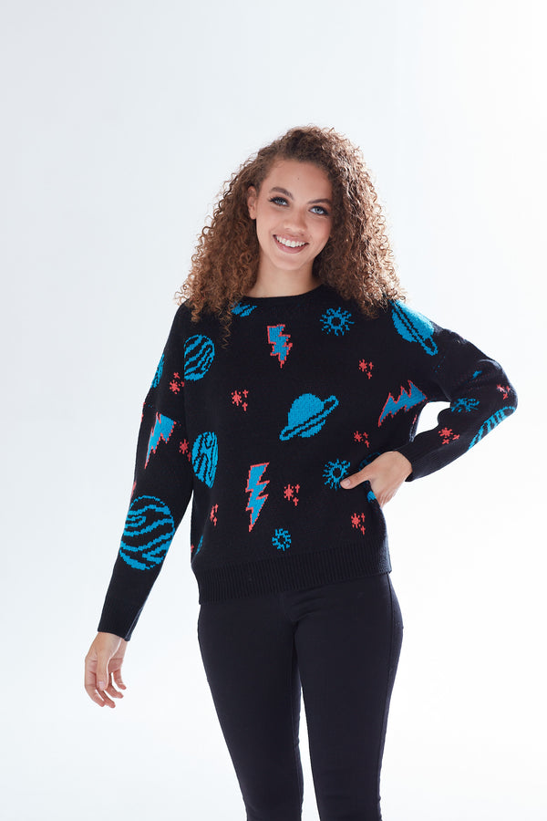 Liquorish Women's Jumper With Cosmic Pattern And Button-Down Detail Regular Fit Long Sleeve Soft - Liquorish