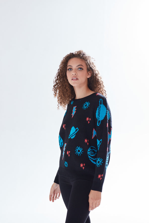 Liquorish Women's Jumper With Cosmic Pattern And Button-Down Detail Regular Fit Long Sleeve Soft - Liquorish