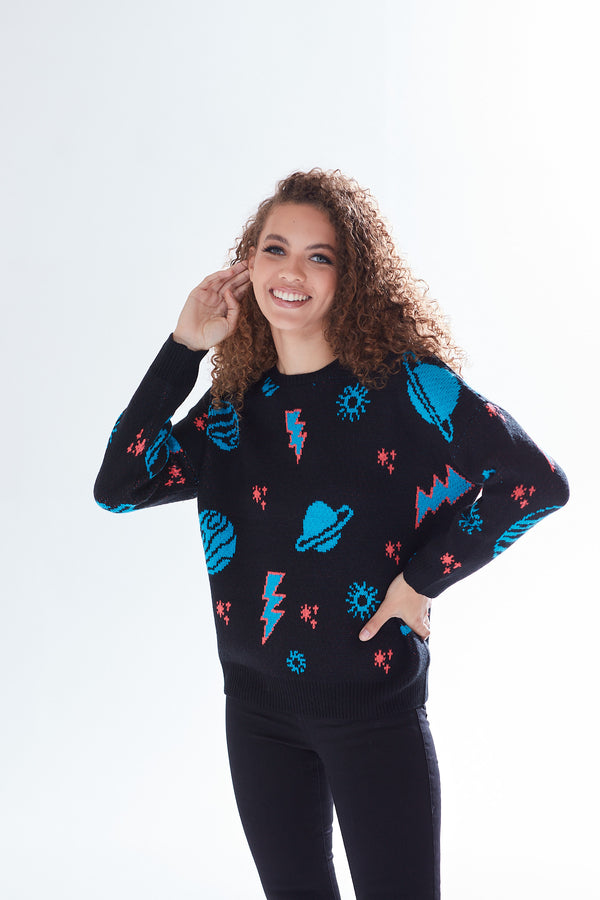 Liquorish Women's Jumper with Cosmic Pattern and Button-Down Detail Regular Fit Long Sleeve Soft - Liquorish