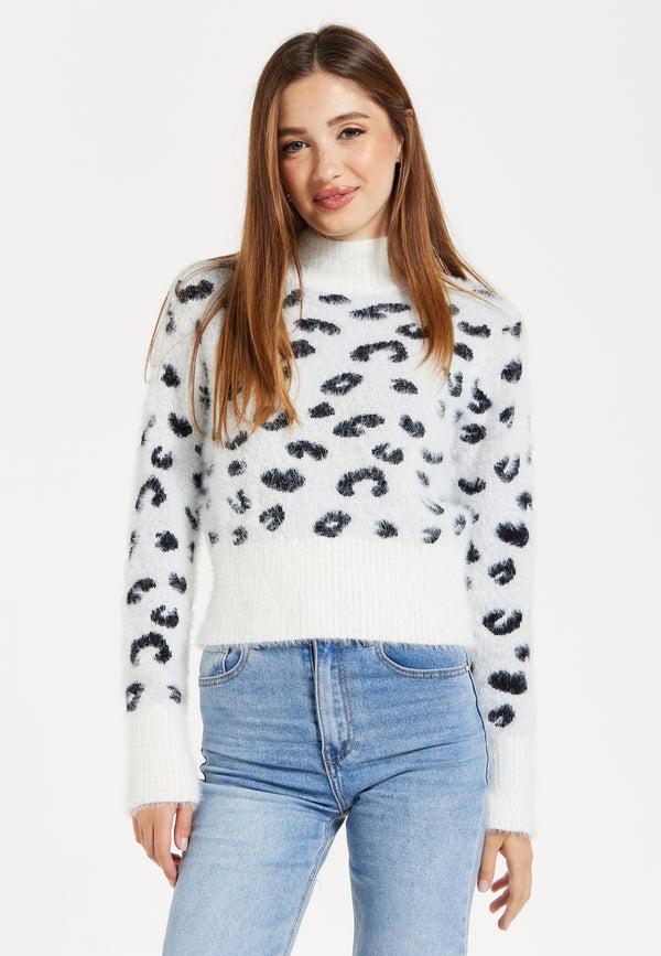 Liquorish Women's Jumper With Fluffy Leopard Print In Black And White Turtle Neck Long Sleeves Regular Fit