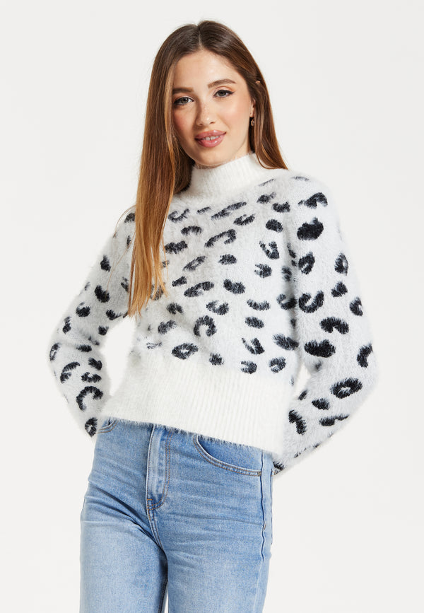 Liquorish Women's Jumper With Fluffy Leopard Print In Black And White Turtle Neck Long Sleeves Regular Fit