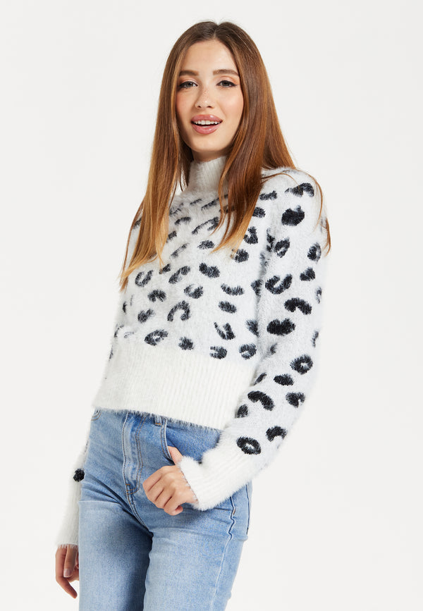 Liquorish Women's Jumper with Fluffy Leopard Print in Black and White Turtle Neck Long Sleeves Regular Fit
