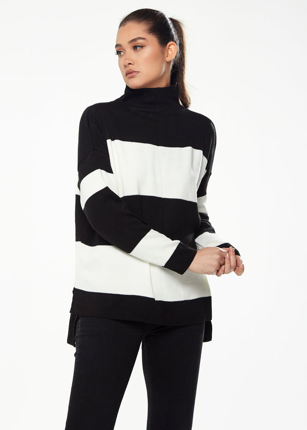 Liquorish Women's Jumper With Full-Length Sleeves In Black & White - Cozy Roll Neck Design By Liquorish