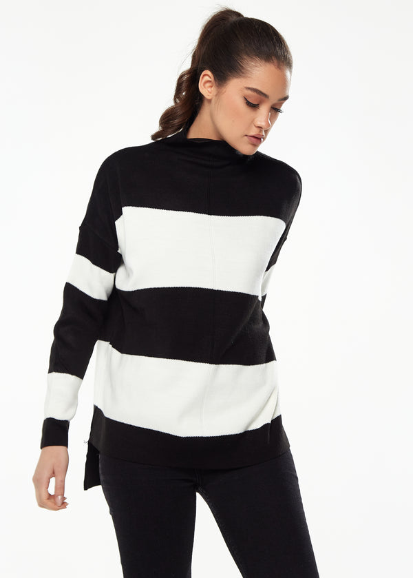 Liquorish Women's Jumper With Full-Length Sleeves In Black & White - Cozy Roll Neck Design By Liquorish