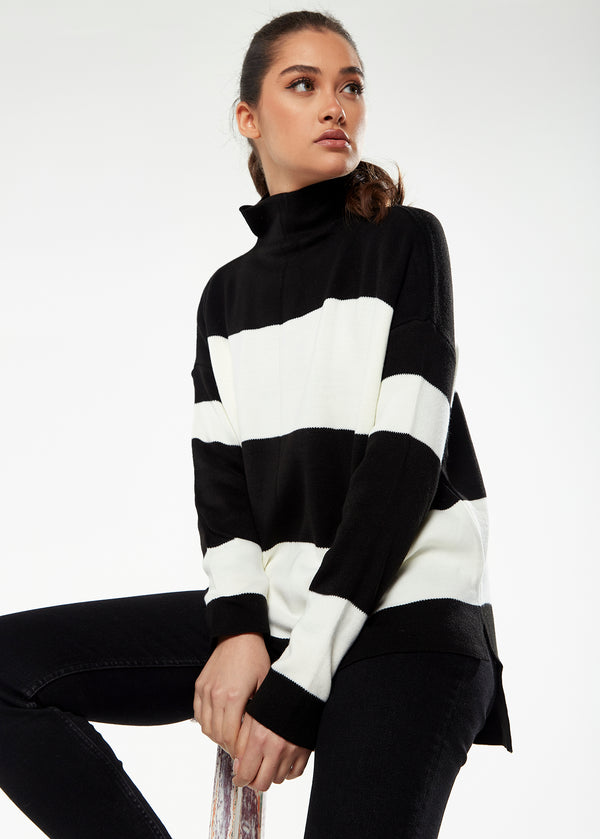Liquorish Women's Jumper with Full-Length Sleeves in Black & White - Cozy Roll Neck Design by Liquorish