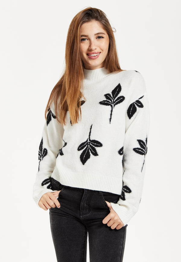 Liquorish Women's Jumper With Leaf Pattern High Neck And Long Sleeves For A Cozy Feel