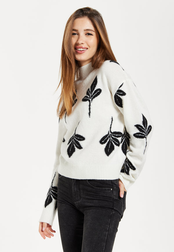 Liquorish Women's Jumper With Leaf Pattern High Neck And Long Sleeves For A Cozy Feel
