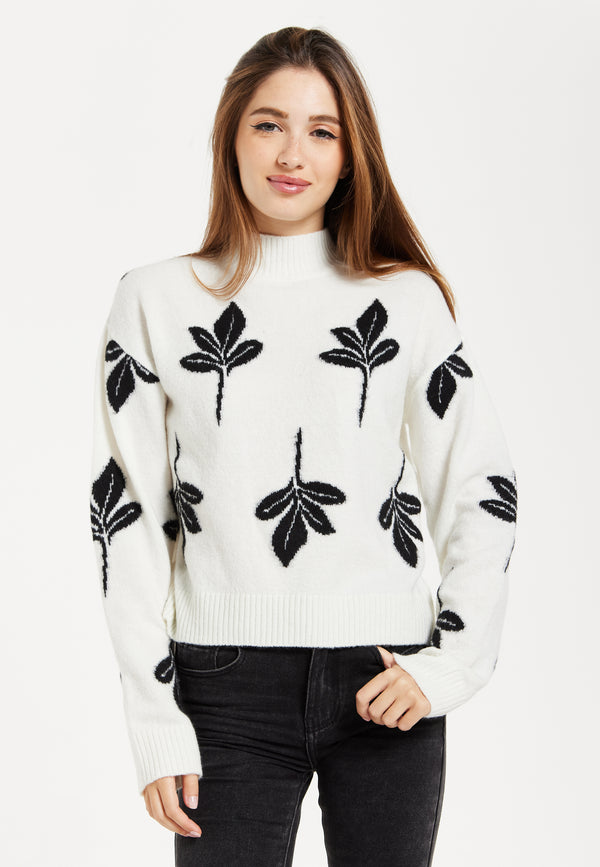 Liquorish Women's Jumper with Leaf Pattern High Neck and Long Sleeves for a Cozy Feel