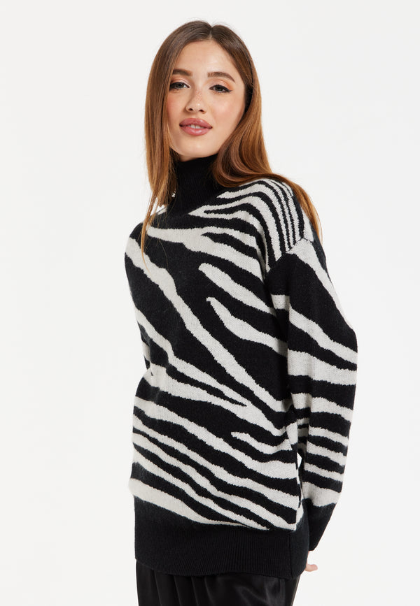 Liquorish Women's Jumper With Long Sleeves In Mono Zebra Pattern - High Neck Design For Warmth And Comfort Liquorish