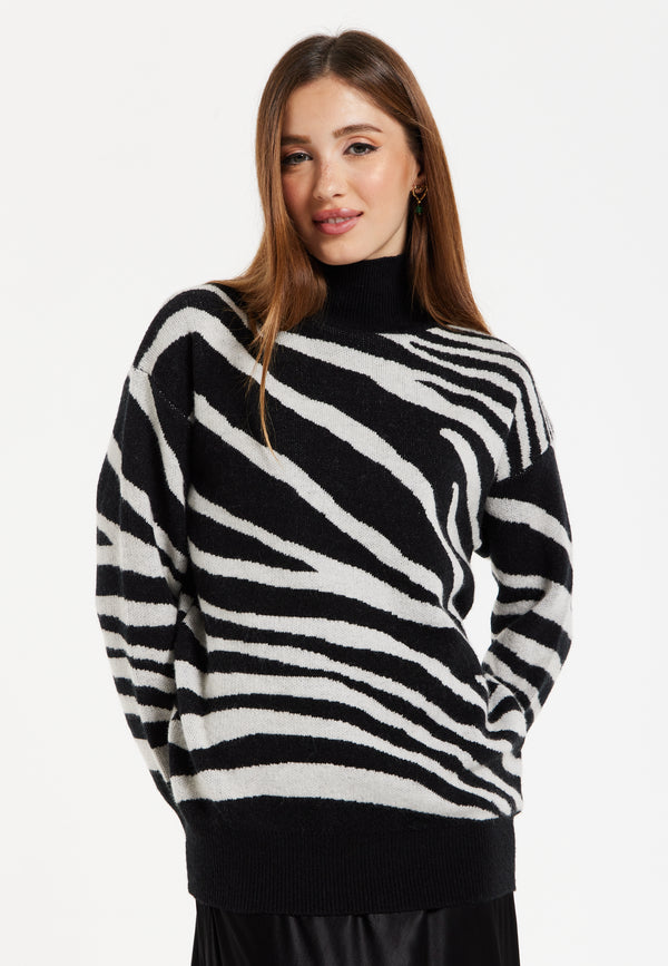 Liquorish Women's Jumper With Long Sleeves In Mono Zebra Pattern - High Neck Design For Warmth And Comfort Liquorish