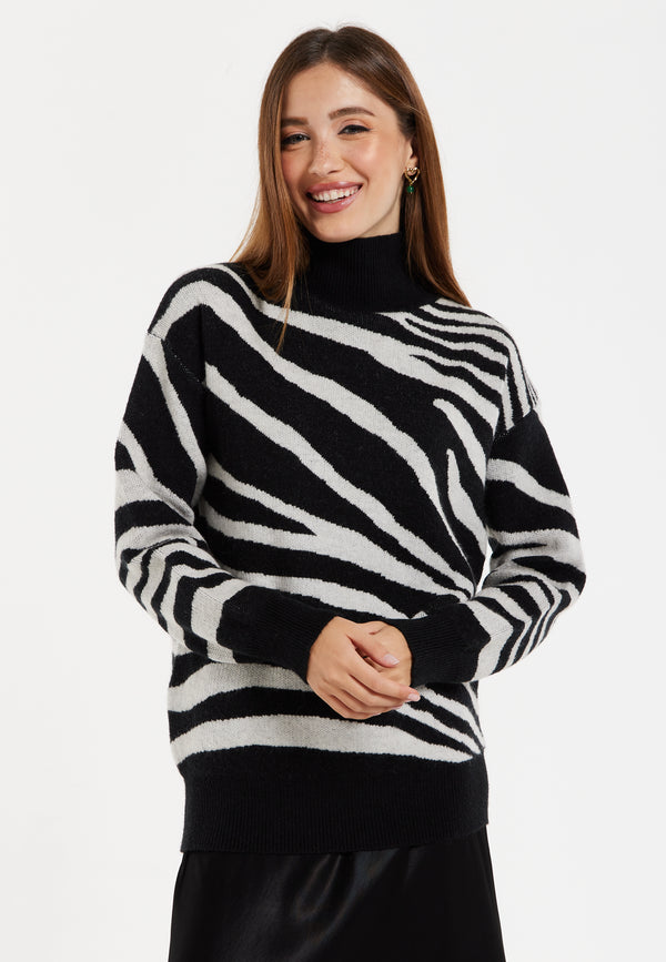 Liquorish Women's Jumper with Long Sleeves in Mono Zebra Pattern - High Neck Design for Warmth and Comfort Liquorish