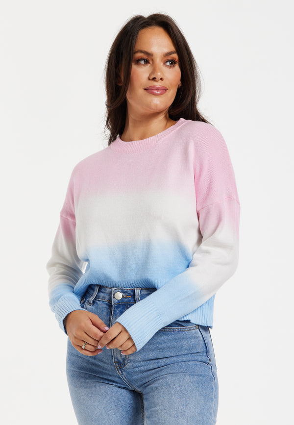 Liquorish Women's Jumper With Long Sleeves In Ombre Pink White And Blue - Soft And Cozy Regular Fit Design