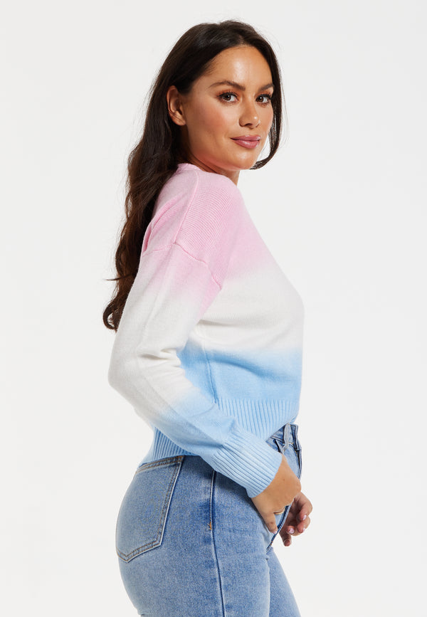 Liquorish Women's Jumper With Long Sleeves In Ombre Pink White And Blue - Soft And Cozy Regular Fit Design