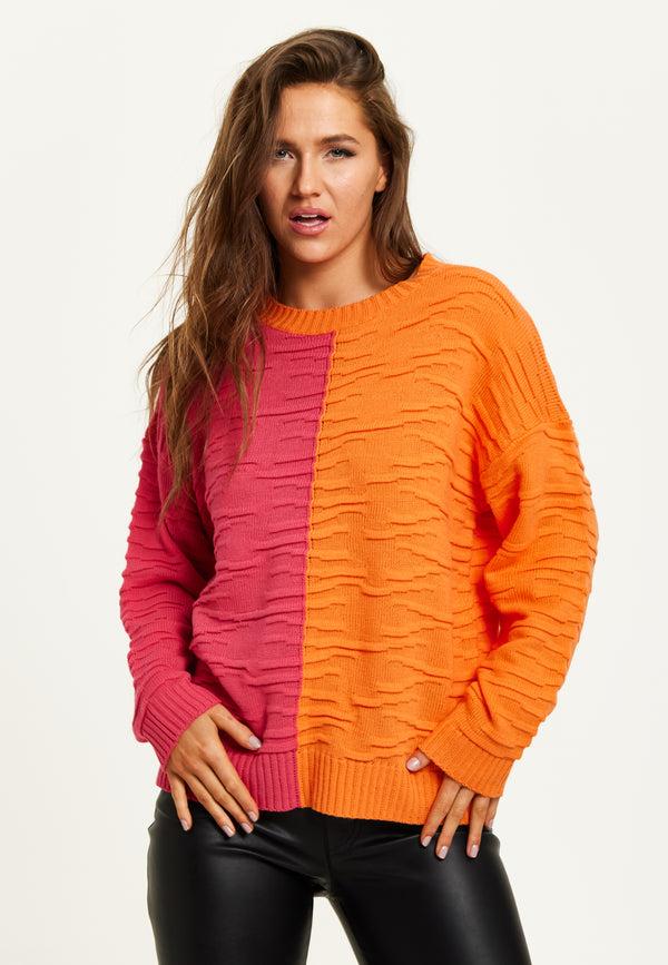 Liquorish Women's Jumper with Long Sleeves in Vibrant Orange and Pink - Liquorish Colour Block Design for Comfort and Style