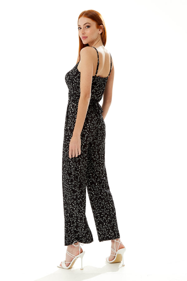 Liquorish Women's Jumpsuit - Black Floral Print Sleeveless Crossover Front Full Length Wide Legs Liquorish