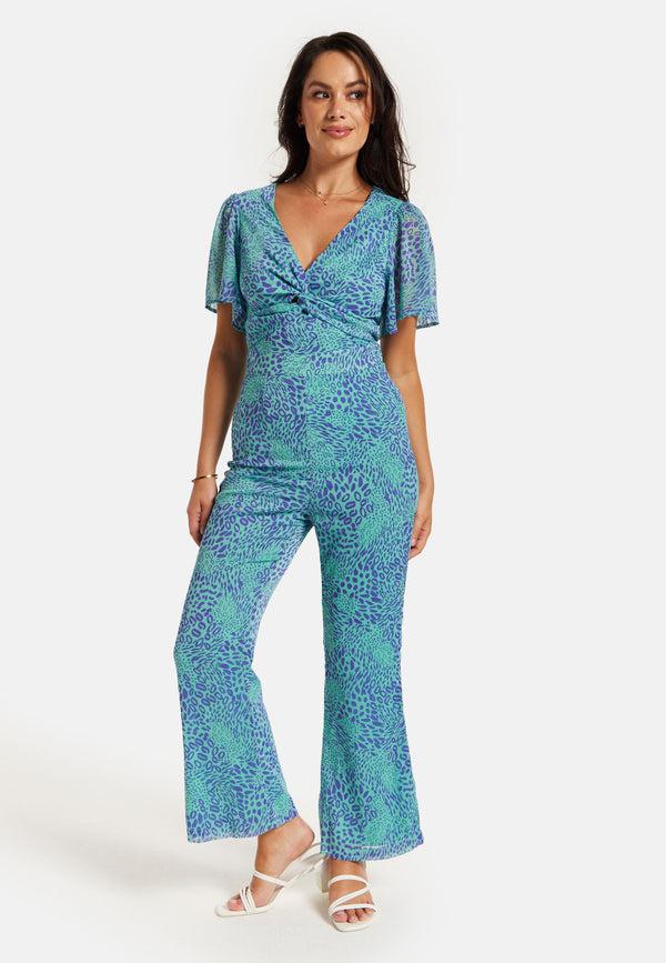 Liquorish Women's Jumpsuit - Blue Animal Print V Neck Knot Front Short Sleeves Regular Fit Liquorish