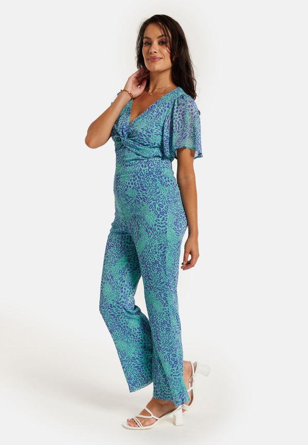 Liquorish Women's Jumpsuit - Blue Animal Print V Neck Knot Front Short Sleeves Regular Fit Liquorish