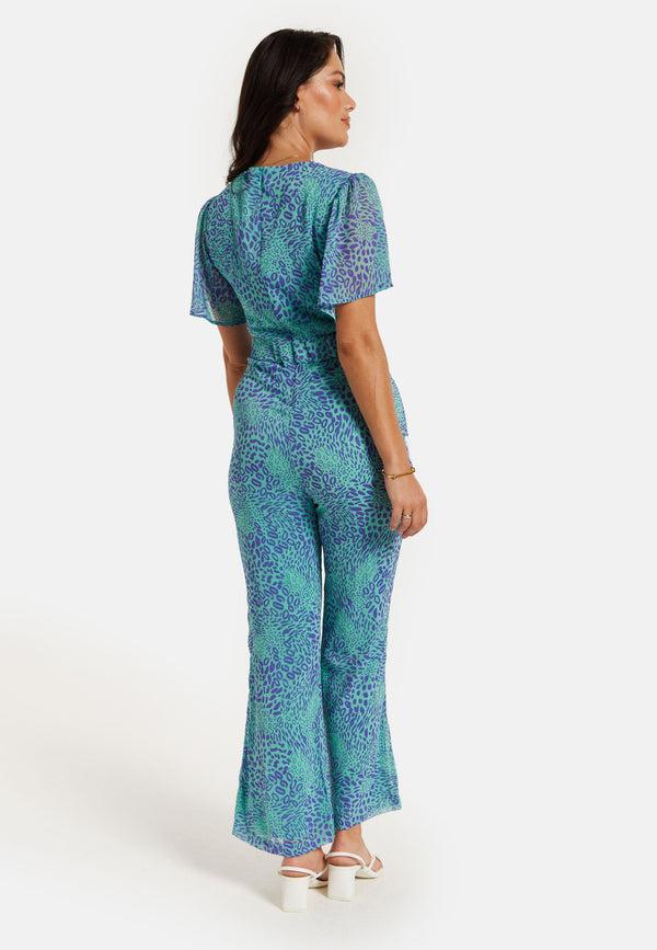Liquorish Women's Jumpsuit - Blue Animal Print V Neck Knot Front Short Sleeves Regular Fit Liquorish