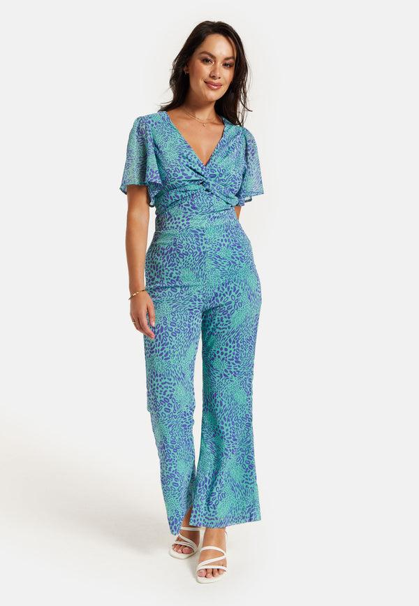 Liquorish Women's Jumpsuit - Blue Animal Print V Neck Knot Front Short Sleeves Regular Fit Liquorish