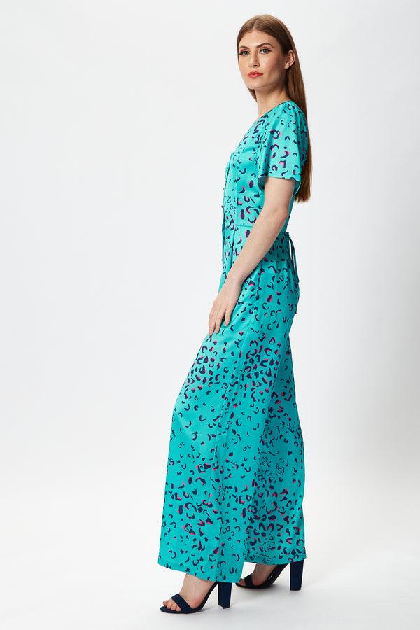 Liquorish Women's Jumpsuit In Blue Animal Print With Short Sleeves V Neck And Wide Legs By Liquorish