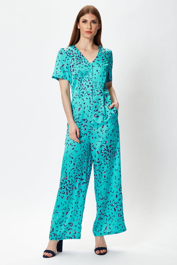 Liquorish Women's Jumpsuit in Blue Animal Print with Short Sleeves V Neck and Wide Legs by Liquorish
