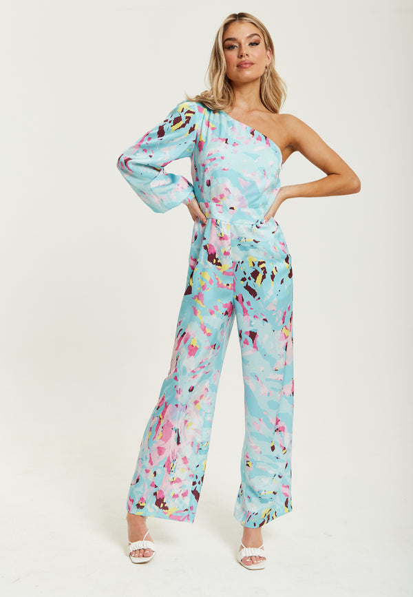 Liquorish Women's Jumpsuit In Blue With Abstract Print One Shoulder Style Full Length Wide Legs Regular Fit Liquorish