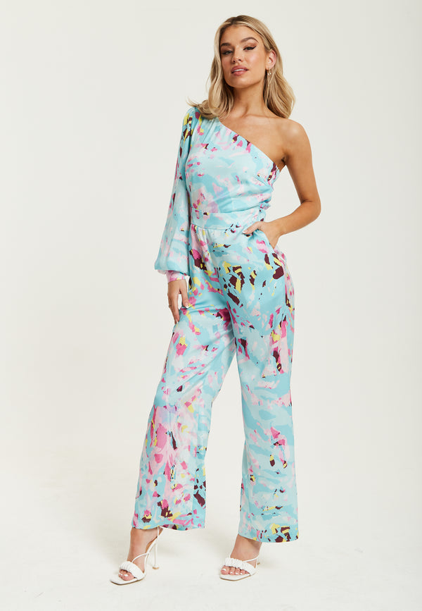 Liquorish Women's Jumpsuit In Blue With Abstract Print One Shoulder Style Full Length Wide Legs Regular Fit Liquorish
