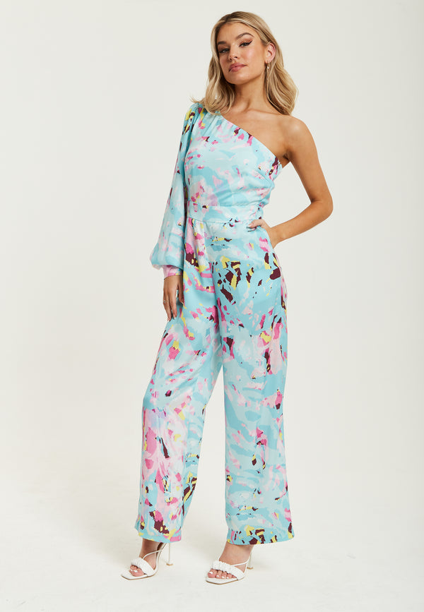 Liquorish Women's Jumpsuit In Blue With Abstract Print One Shoulder Style Full Length Wide Legs Regular Fit Liquorish