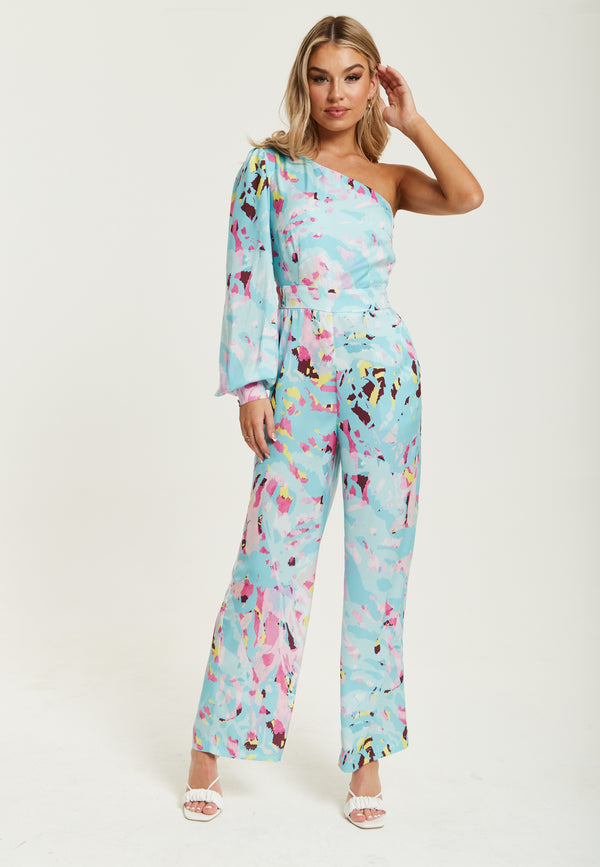 Liquorish Women's Jumpsuit in Blue with Abstract Print One Shoulder Style Full Length Wide Legs Regular Fit Liquorish