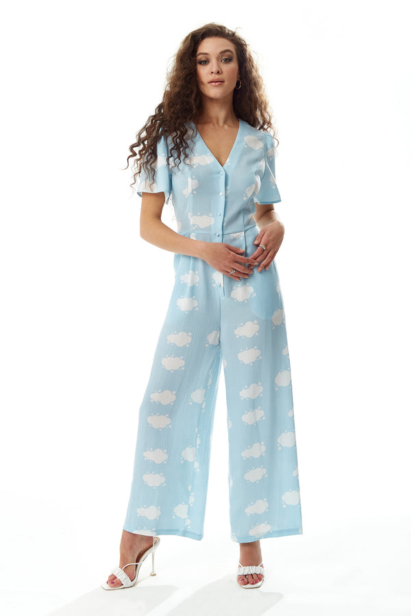 Liquorish Women's Jumpsuit In Blue With Cloud Print V Neck Short Sleeves Wide Legs Button Details - Liquorish