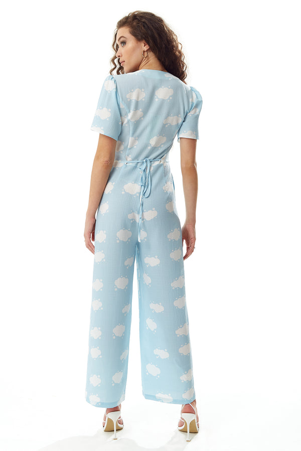 Liquorish Women's Jumpsuit In Blue With Cloud Print V Neck Short Sleeves Wide Legs Button Details - Liquorish