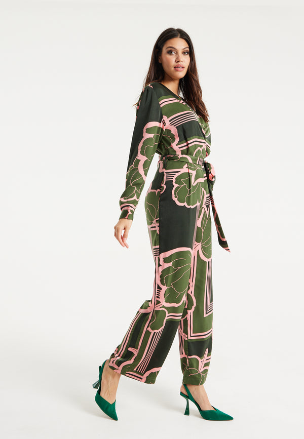 Liquorish Women's Jumpsuit In Dark Green With Long Sleeves Floral Print Relaxed Fit - Liquorish
