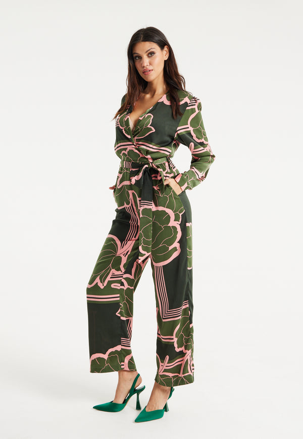 Liquorish Women's Jumpsuit In Dark Green With Long Sleeves Floral Print Relaxed Fit - Liquorish