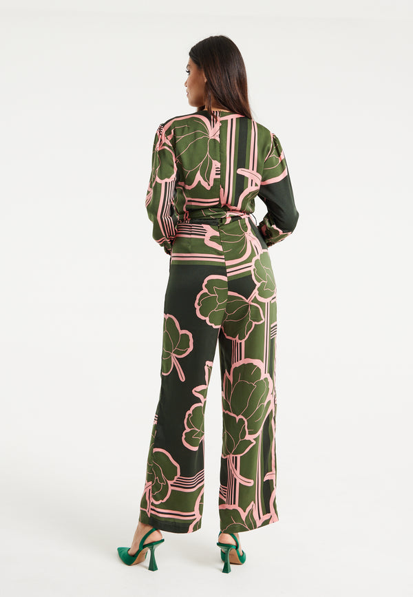Liquorish Women's Jumpsuit In Dark Green With Long Sleeves Floral Print Relaxed Fit - Liquorish