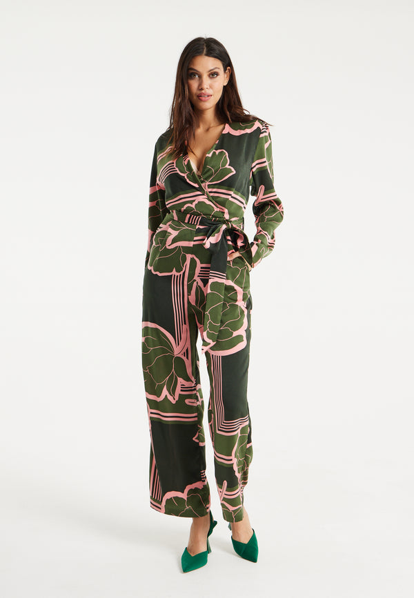 Liquorish Women's Jumpsuit in Dark Green with Long Sleeves Floral Print Relaxed Fit - Liquorish