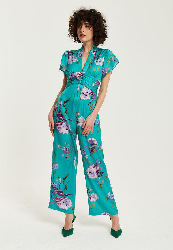 Liquorish Women's Jumpsuit In Green Floral Print With Short Sleeves And V Neck - Regular Fit By Liquorish