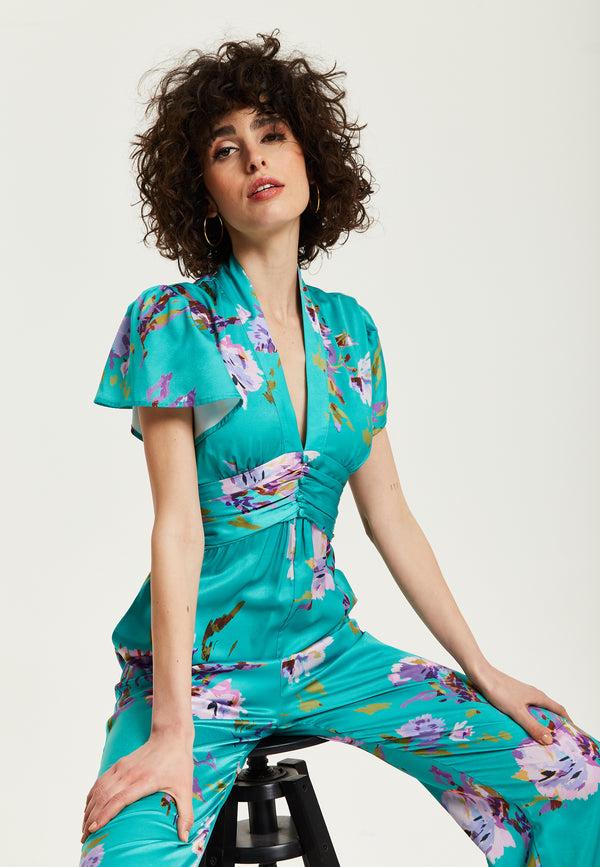 Liquorish Women's Jumpsuit In Green Floral Print With Short Sleeves And V Neck - Regular Fit By Liquorish