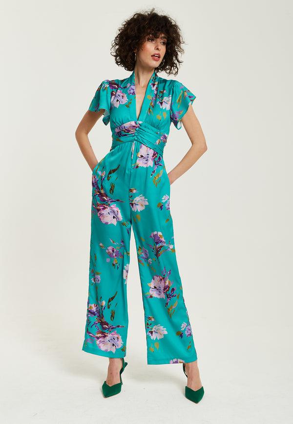 Liquorish Women's Jumpsuit in Green Floral Print with Short Sleeves and V Neck - Regular Fit by Liquorish