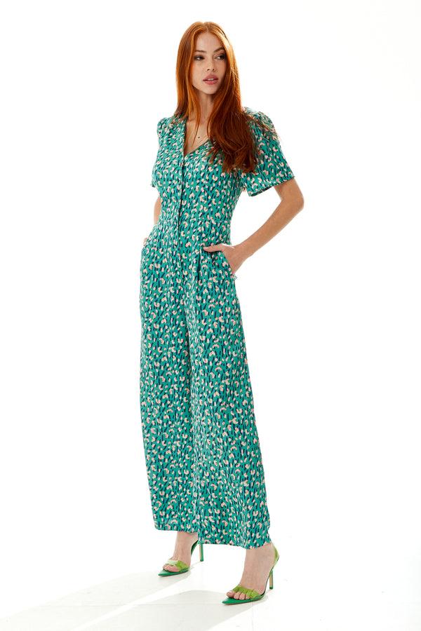 Liquorish Women's Jumpsuit In Green With Stroke Print Short Sleeves V Neck Wide Leg Design - Liquorish