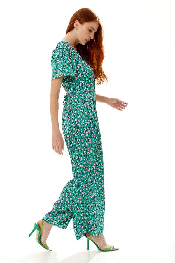 Liquorish Women's Jumpsuit In Green With Stroke Print Short Sleeves V Neck Wide Leg Design - Liquorish