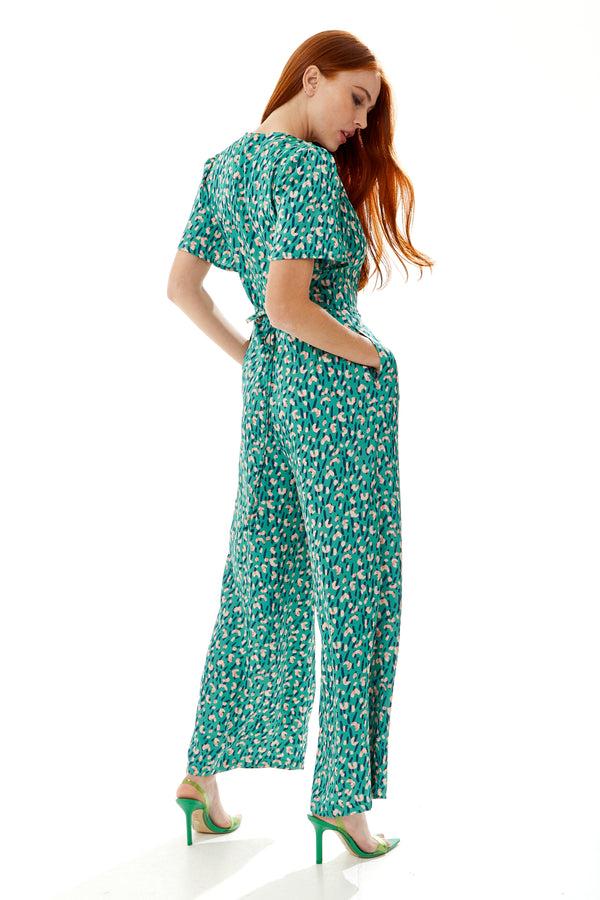 Liquorish Women's Jumpsuit In Green With Stroke Print Short Sleeves V Neck Wide Leg Design - Liquorish