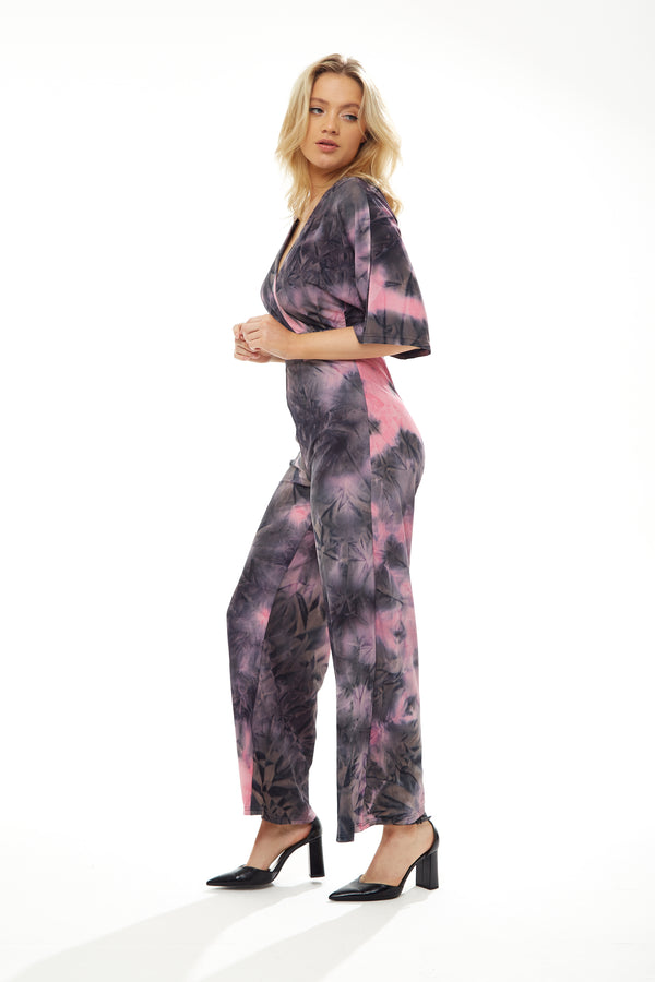 Liquorish Women's Jumpsuit In Grey And Pink Tie Dye With Short Sleeves V Neck And Open Back By Liquorish