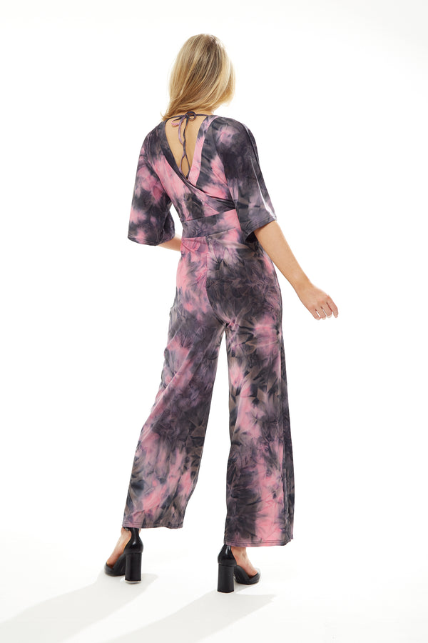 Liquorish Women's Jumpsuit In Grey And Pink Tie Dye With Short Sleeves V Neck And Open Back By Liquorish