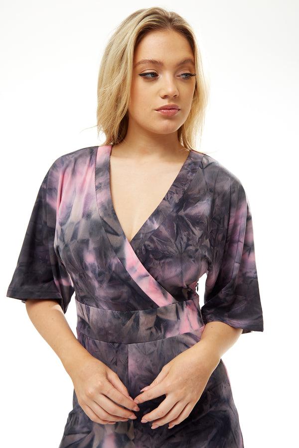 Liquorish Women's Jumpsuit In Grey And Pink Tie Dye With Short Sleeves V Neck And Open Back By Liquorish