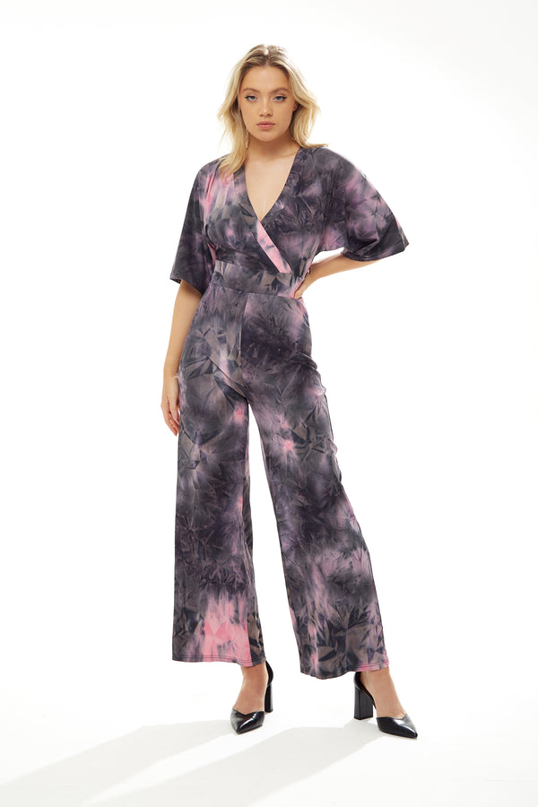 Liquorish Women's Jumpsuit in Grey and Pink Tie Dye with Short Sleeves V Neck and Open Back by Liquorish
