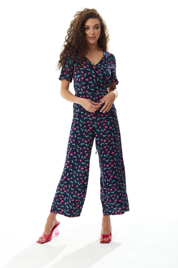 Liquorish Women's Jumpsuit In Navy With Cherry Print V Neck Short Sleeves Wide Leg - Liquorish